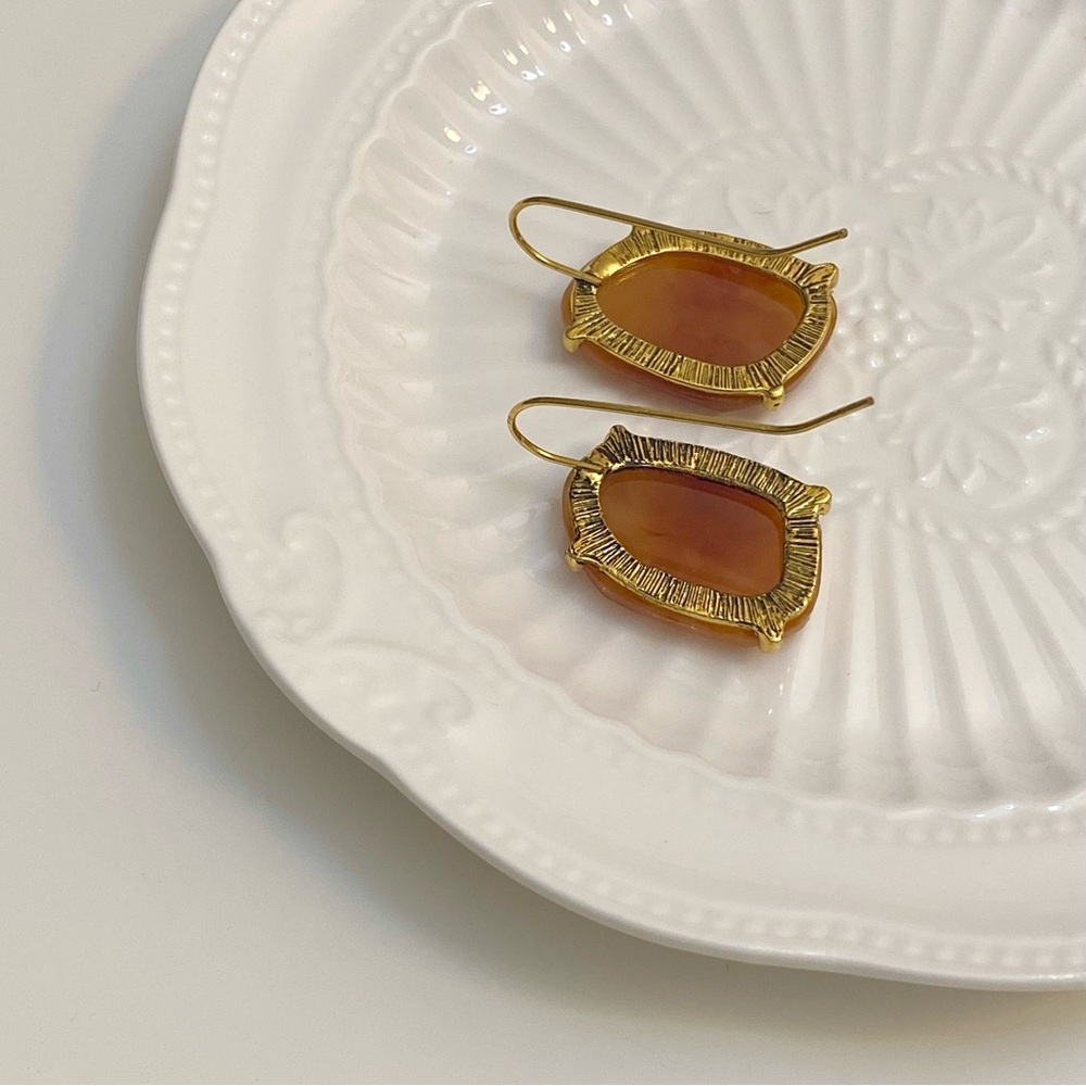 4/$15 Vintage Antique Gold Wire Brown Yellow Marble Stone Earrings - Picture 3 of 6